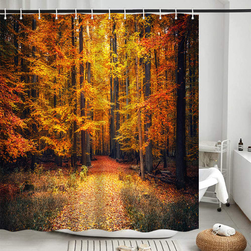 iTapnoom Autumn Forest Nature Shower Curtain Set for Bathroom, Fall Season Red Yellow Tree Maple Leaves Decorative Fabric Bathtub, Thanksgiving Harvest Accessories with Hooks, 72X72 inch