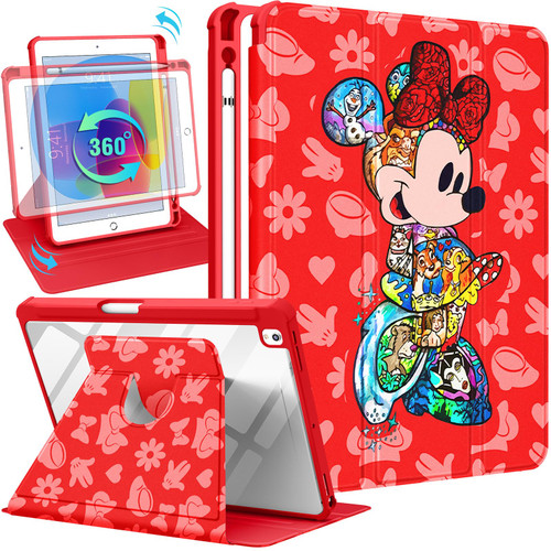 Besoar for iPad 9th/8th/7th Generation 10.2 inch Case Cute Cartoon Kawaii for Girls Kids Boys Girly Women Design Covers,360 Degree Rotating Folio Stand Pencil Holder for Apple i Pad 9/8/7 Gen,Red Mini