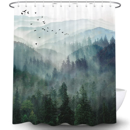 Mountain Green Forest Bathroom Shower Curtain Sets, Misty Woodland Foggy Mountains Tree Nature Bathroom Decor Bath Curtain, Natural Scenery Landscpe Fabric Bathtub Curtain with Hooks, 69x70