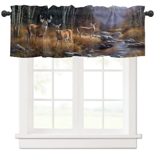 BedSweet Rod Pocket Sheer Curtains Valance for Windows Wildlife Deer Safair in Stream River at Forest in Autumn Kitchen Valances for Living Room 60x18inch(1 Panel)
