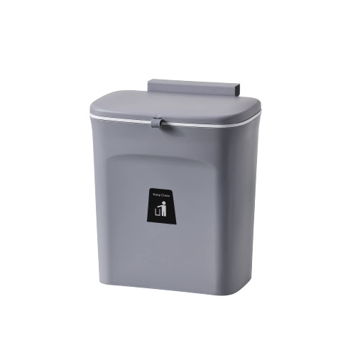 WDPUCHU 2.4 Gallon Hanging Trash Can for Kitchen Cabinet Door with Lid, Small Under Sink Garbage Can for Bathroom, Wall Mounted Counter Waste Compost Bin (Gray)