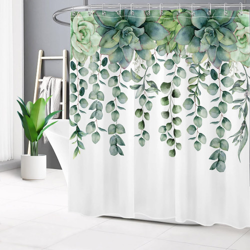 SCECALA Eucalyptus Shower Curtain, Green Watercolor Leaves on The Top Boho Plant Floral Bathroom Shower Curtains Set with Hooks, 70x70 Inch Durable Polyester Fabric