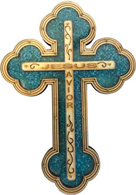 Engraved Wall Cross from Bethlehem filled with semi precious stones from the Holy Land with Stones card (8, Turquiose) Engraved Wall Cross from Bethlehem filled with semi precious stones from the Holy Land with Stones card (8, Turquiose)