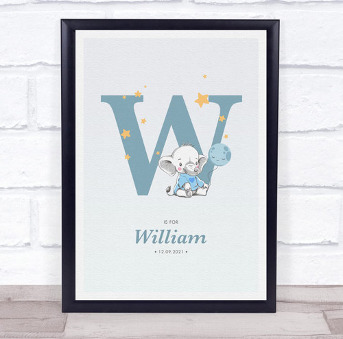New Baby Birth Details Christening Nursery Blue Elephant Initial W Gift Print