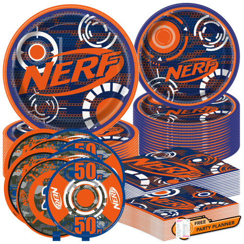 Unique Nerf Dinnerware Party Bundle for 16 | Luncheon & Beverage Napkins, Dinner & Dessert Plates, Table Cover, Centerpieces | Kid's Birthday Party