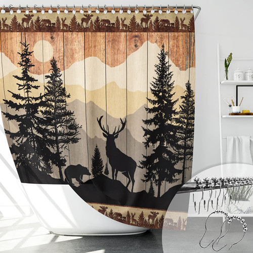 Witzest Rustic Bear Deer Shower Curtain Set Forest Woodland Cabin Shower Curtains for Bathroom Farmhouse Country Lodge Bathroom Decor Polyester Fabric-72" x 72"