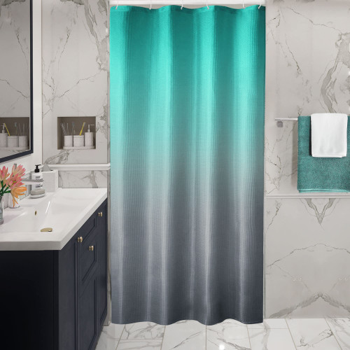Gibelle Small Stall Shower Curtain 36 x 72, Narrow Teal Grey Ombre Shower Curtain for Bathroom, Waffle Weave Fabric Shower Curtain Set with Hooks, Water Repellent, Machine Washable