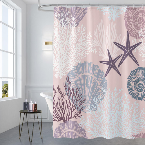 Gibelle Nautical Coastal Shower Curtain, Ocean Beach Seashell Starfish Themed Shower Curtain for Bathroom Decor, Marine Underwater Waterproof Fabric Shower Curtain Set with Hooks, 72x72, Pink