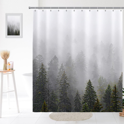 Seorsok Misty Forest Shower Curtains,Nature Mountain Shower Curtain,Fantasy Fog Tree Bath Curtain for Bathroom,Waterproof Polyester Fabric with 12 Hooks-72 Wx72 L