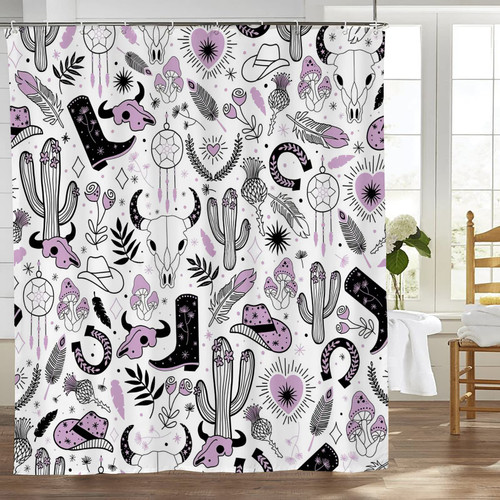Remzoke Western Shower Curtain for Bathroom Western Cow Skull Shower Curtains for Bathtub Boho Cowboy Catus Waterproof Polyester Fabric Shower Curtain with Hooks 60x72 Inches
