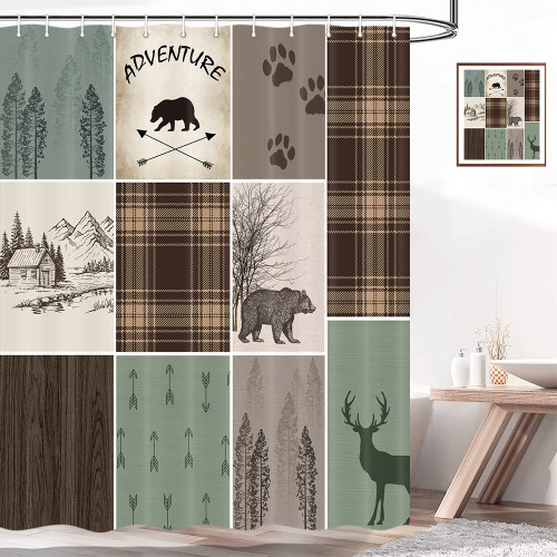 bzwcbei Cabin Retro Rustic Lodge Shower Curtain, Bear Deer Country Hunting Wild Animal Fabric Shower Curtains, Plaid Check Adventure Bathroom Curtain Liner with Hooks 69x70inches