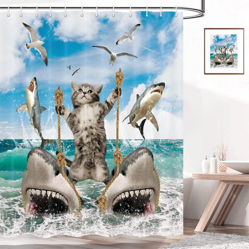 bzwcbei Funny Cat Shower Curtain, Fun Cat Riding Shark Shower Curtain Liner, Ocean Sea Blue Kids Waterproof Bathroom Curtain Set with Hooks 69x70inches