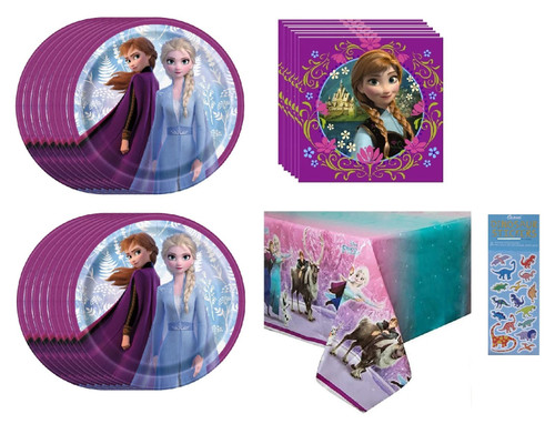 Frozen Princess Elsa Anna Birthday Party Supplies Bundle Pack for 16 includes Dessert Cake Paper Plates, Napkins, Table Cover