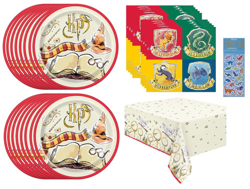 Harry Potter Birthday Party Supplies Bundle Pack includes 16 Lunch Plates, 16 Lunch Napkins, 1 Table Cover, 1 Esave Dinosaur Sticker Sheet (Bundle for 16)