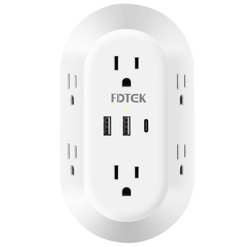 USB Wall Charger, FDTEK Surge Protector 6 Outlet Power Strip Multi Plug Outlet with USB-C Charging Ports, 3-Sided Outlet Splitter Wall Plug Adapter for Home Office Travel