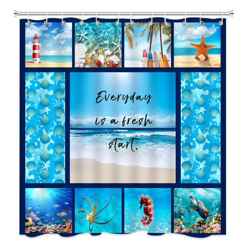 BBIOKD Summer Beach Shower Curtain Ocean Inspirational Quotes Blue Lighthouse Starfish Shell Marine Life Seahorse Sea Turtle Fabric Polyester Bath Curtains Bathroom Set with Hooks 70x78 Inch
