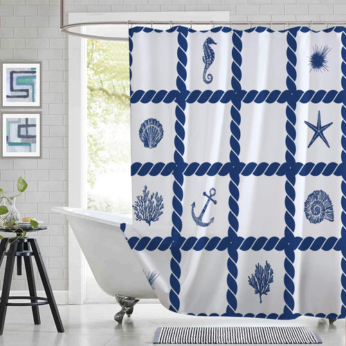 Coastal Shower Curtain Beach Anchor Shower Curtain Nautical Bathroom Curtains Rudder Shell Starfish Seahorse Coral Marine Life Ocean Sea Shower Curtain Polyester Fabric Bath Curtain with Hooks