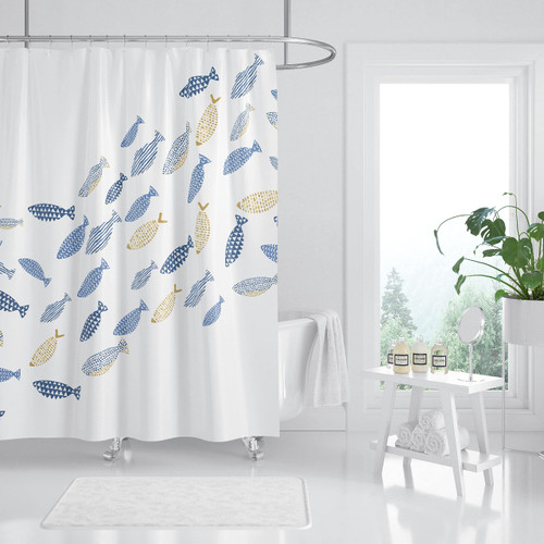 Fish Shower Curtain Set Abstract Swiming Fishes Minimalist Design Shower Curtains Cartoon Ocean Children Kids Waterproof Fabric Decorative for Bathroom Tub with 12 Hooks, 72X72 Inches (Blue&Yellow)
