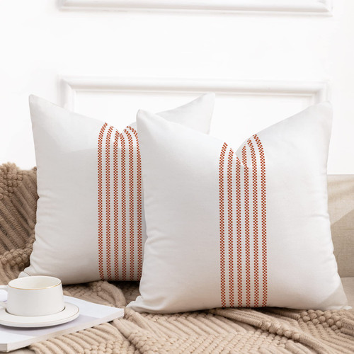 YCOLL Farmhouse Pillow Covers 22x22, Boho Throw Pillow Covers Set of 2, Burnt Orange Striped Linen Decorative Pillows Lumbar Cushion Covers for Couch Sofa Bedroom