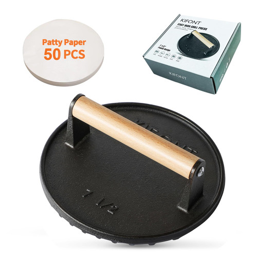 KIFONT Bacon Press Cast Iron,Smash Burger Press,7.5 Inch Hamburger Press with Wooden Handle,Heavy Duty Cast Iron Grill Press,Round Burger Smasher for Griddle,Meat Press,50 PC Burger Press Patty Paper