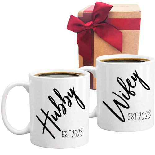 Gift for Husband and Wife Coffee Mug, 2023 Hubby Wifey Mug Wedding Gift, Est 2023 Mr and Mrs, Bridal Shower Gift, Unique Wedding Gift for Couple, Set of 2 Shot Mugs