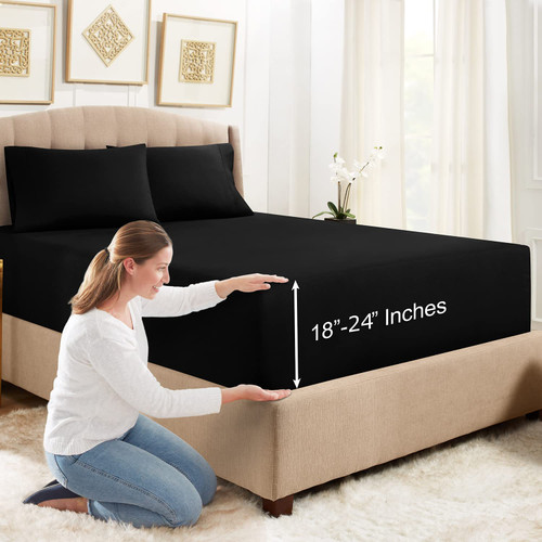 Empyrean Extra Deep Fitted Sheets Twin Size - 24" Extra Deep Fitted Sheets with Bonus 1 Pillowcase - 2 Piece Extra Deep Fitted Bed Sheet - Extra Deep Twin Fitted Bed Sheets - Black