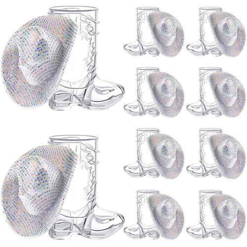Mini Neon Cowgirl Hat Glitter Holographic Sequin Western Cowboy Hat Cowboy Boot Shot Glass Party Disco Supplies, 20 Pieces (Sequin)