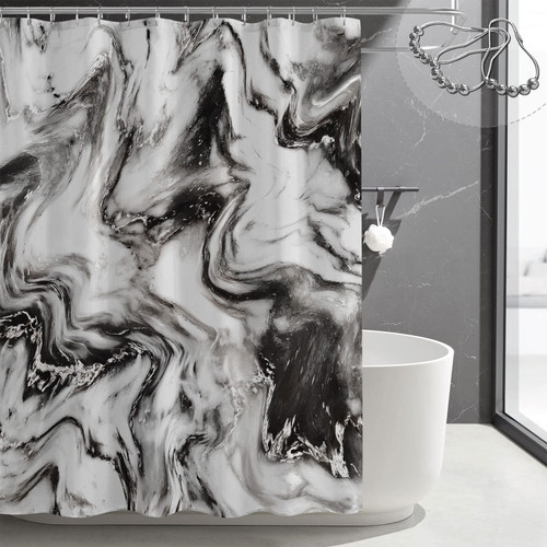 Gibelle Black and White Shower Curtain, Abstract Marble Shower Curtain for Modern Bathroom Decor, Waterproof Fabric Shower Curtain Set with Hooks, 72 x 72