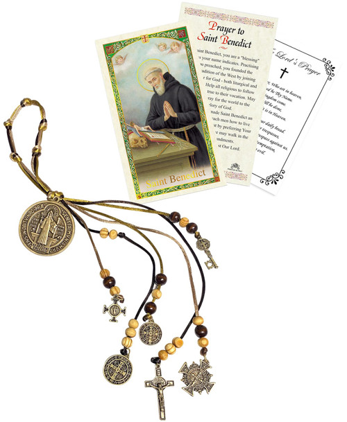 Trendzeen St Benedict Catholic House Blessing - with Saint Benedict Of Nursia Card, Lord's Prayer | Holy Patron Saint of Europe San Benito Bronze Home Door Hanger, Cards | Kit of 3 Items