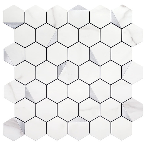 STICKGOO Peel and Stick Backsplash for Kitchen, Self-Adhesive Tile Hexagon Mosaic Tiles (6 Sheets, White Marble with Metal Silver )