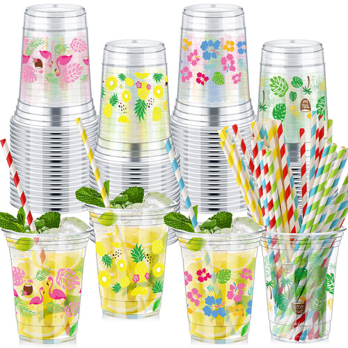 Tanlade 48 Pcs 16 oz Disposable Luau Plastic Cups 4 Color Clear Hawaiian Tiki Flamingo Plastic Tropical Cups with Straws for Hawaiian Pineapple Party Favors Birthday Bachelorette Drinkware