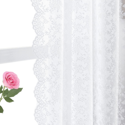 FINECITY White Lace Curtains 45 Inch Length - White Cafe Sheer Curtains for Kitchen Window, Privacy Kitchen Curtains Vintage Style Rose Floral Sheer Curtains 2 Panels, 52 x 45 Inch, White