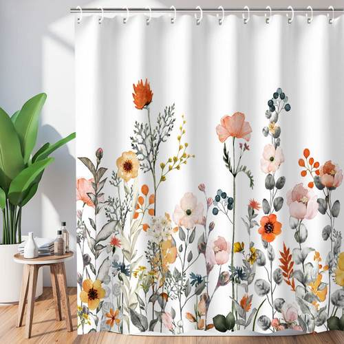 LIVILAN Floral Shower Curtains for Bathroom Flower Shower Curtain Pretty Shower Curtain Fabric Colorful Wildflower Flowered Shower Curtain with 12 Hooks Decorative Machine Washable, 72" W x 84" H