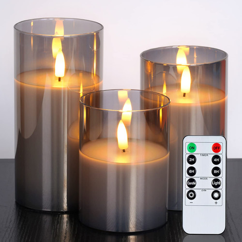 Amagic Glass LED Flameless Candles, Battery Candles, Pillar Candles Battery Operated with Remote Control and Timer, Electric Candles, Wax+Grey Glass, D3 H4 5" 6", Set of 3