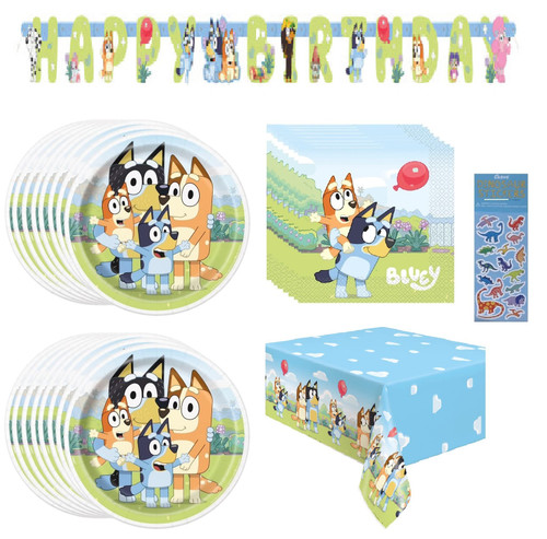 Bluey Birthday Party Supplies Bundle includes Lunch Plates, Lunch Napkins, Table Cover, Happy Birthday Banner (Bundle for 16 with 1 Esave Dinosaur Sticker Sheet)