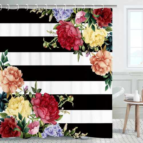 LIVILAN Black White Stripe Peony Shower Curtains with 12 Hooks, Floral Shower Curtain, Waterproof Fabric Bath Curtain, Home Bathroom Decoration, 72" W x 84" H