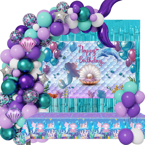 Mermaid Birthday Party Decorations 144PCS - Mermaid Birthday Party Supplies Including Mermaid Backdrop, Mermaid Balloon Arch/ Garland Kit, Mermaid Tabblecloth, Tinsel Curtain
