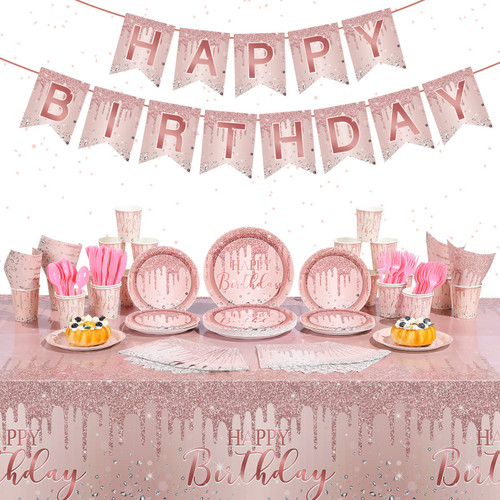 Roshtia 171 Pink Rose Gold Birthday Party Supplies Pink Happy Birthday Tableware Set Rose Gold Party Plates and Napkin Happy Birthday Tablecloths with Banner and Forks Knives Spoons, Serve 24 Guest Roshtia 171 Pink Rose Gold Birthday Party Supplies Pink Happy Birthday Tableware Set Rose Gold Party Plates and Napkin Happy Birthday Tablecloths with Banner and Forks Knives Spoons, Serve 24 Guest