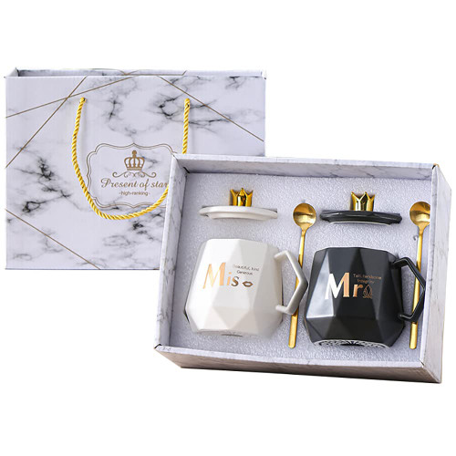 PIGIAOKA Mr and Mrs Coffee Mugs Cups, Wedding Gifts Ceramic Marble Crown Couple Coffee Mugs for Bride and Groom Married Couples Mr Right Mrs Always Right Valentine's Day Mugs Set