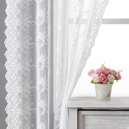 Kotile White Lace Curtains 54 Inch Length for Small Window, Embroidery Vine Floral Vintage Lace Curtains 2 Panels Set, Rod Pocket Privacy Sheer Lace Window Curtains, 52 x 54 Inch, 1 Pair, White