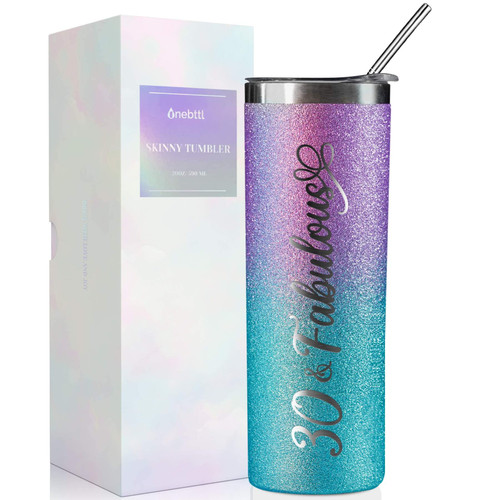 Onebttl 30th Birthday Gifts for Women, Female, Her - 30 and Fabulous - 20oz/590ml Stainless Steel Insulated Glitter Tumbler with Straw, Lid, Message Card - (Purple-Blue Gradient)
