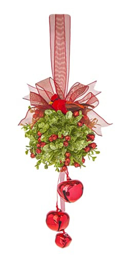 Ganz Kissing Krystals Cardinal Jingle Bell Mistletoe Kissball Decorative Christmas Ornament - Gold or Red (Red)