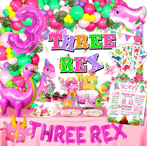 121PCS Three Rex Birthday Party Decorations Girl?Dinosaur Birthday Decorations 3rd girl, 3 Rex Birthday Decorations?Three Rex Pink Dinosaur Dino-rex Birthday Party Decorations Girls girl 3 Years Old Birthday Party