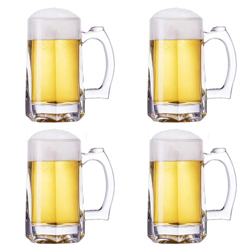 TUSAPAM Heavy Beer Mugs Set, 12.5oz Glass Mugs With Handle, Beer Glasses For Freezer, 370ml Beer Drinking Glasses, Traditional Stein For Bar, Alcohol, Beverages,Coffee, Teas, Set of 4