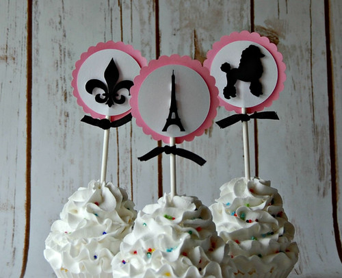 Paris Themed Birthday Party Cupcake Toppers - Eiffel Tower Party Decorations (set of 12)