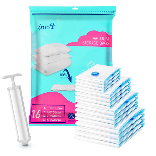 Vacuum Storage Bags 16 Pack (4 Jumbo, 4 Large, 4 Medium, 4 Small), Space Saver Bags Compression Storage Bags for Comforters And Blankets, Storage Bags Vacuum Sealed for Clothes Storage, Hand Pump