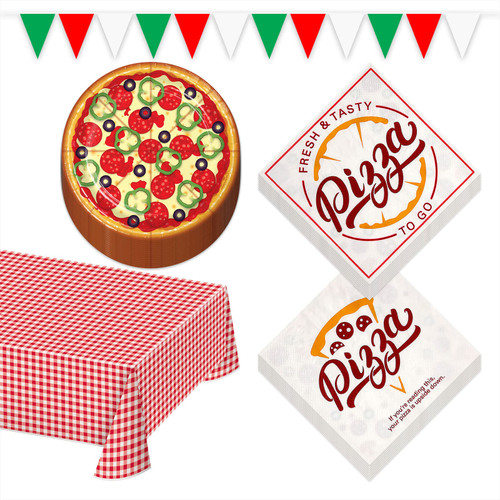 Pizza Party Supplies - Pizzeria Paper Dessert Plates, Napkins, Table Cover, and Pennant Banner Set(Serves 16)