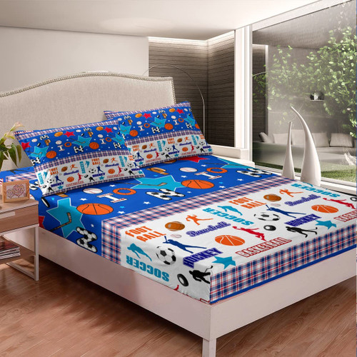Feelyou Kids Sports Bed Sheet Set Basketball Baseball Hockey Soccer Football Bedding Set for Boys Girls Soft Microfiber Sheets 1 Fitted Sheet & 1 Pillowcase Twin Size