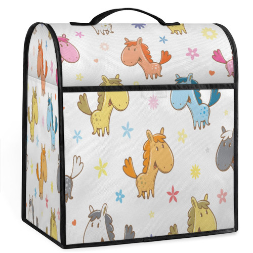 Cartoon Horses and Flowers Coffee Maker Dust Cover Kitchen Mixer Cover with Pockets and Top Handle Toaster Covers Bread Machine Covers for Kitchen Cafe Bar Home Decor