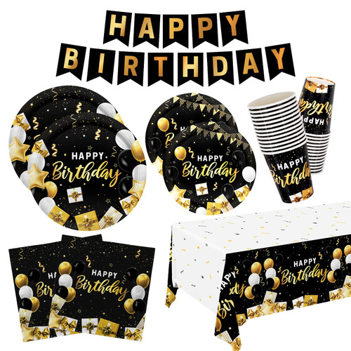 Happy Birthday Party Supplies Kit Serve 25, Includes Disposable Dinner Plates, Dessert Plates, Napkins, Cups,Tablecloth?and Banner?, Perfect for Black and Gold Birthday Party Decorations.